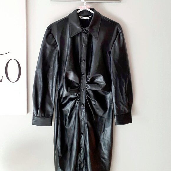 NWOT Zara black faux leather gathered waist button-up collared shirt dress, S - Picture 11 of 12